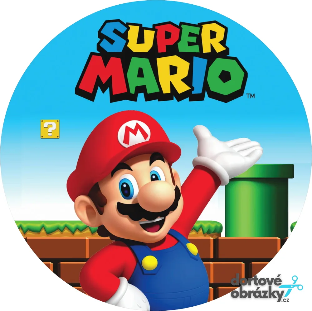 Super Mario – Mario s logem a trubkou – jedlý obrázek na dort – jedlý obrázek na dort