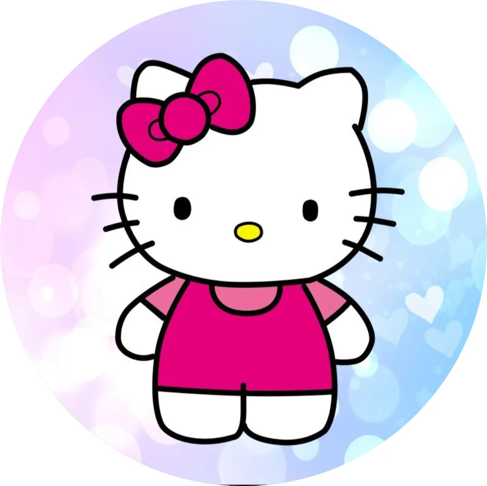 Hello Kitty – v růžovém tričku na modrém – jedlý obrázek na dort – jedlý obrázek na dort