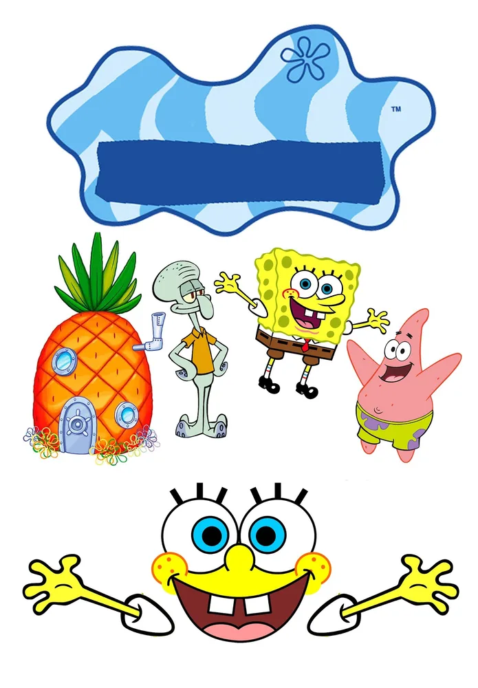 Spongebob – výřezy s cedulkou a ananasem – jedlý papír na hranatý dort – jedlý obrázek na dort