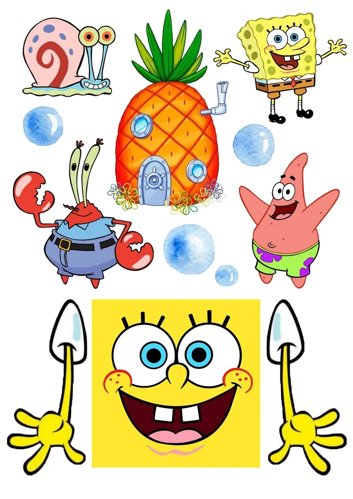 Spongebob – výřezy s ananasem a bublinami – jedlý papír na hranatý dort – jedlý obrázek na dort