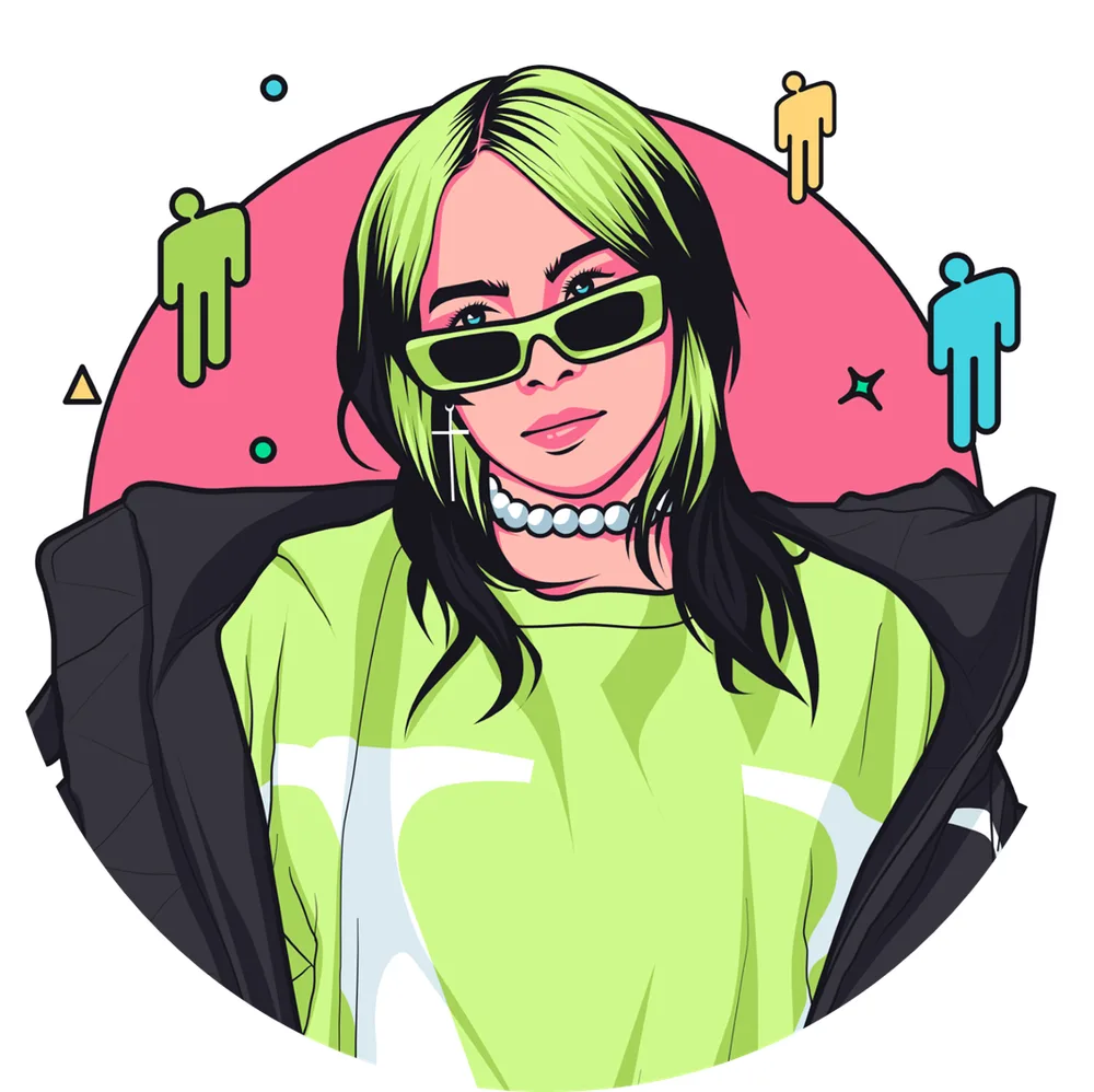Billie Eilish – kreslená s brýlemi – jedlý obrázek na dort – jedlý obrázek na dort