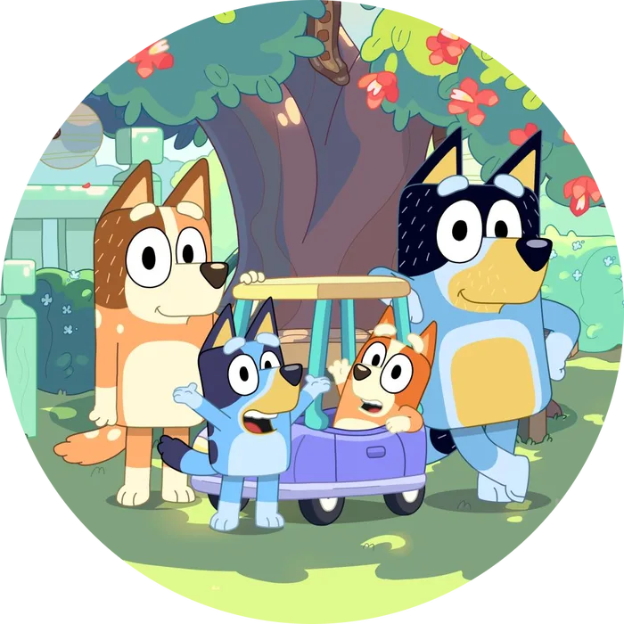Bluey – rodinka v autíčku – jedlý obrázek na dort – jedlý obrázek na dort