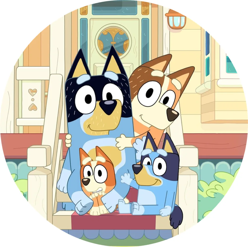 Bluey – rodinka na schodech – jedlý obrázek na dort – jedlý obrázek na dort