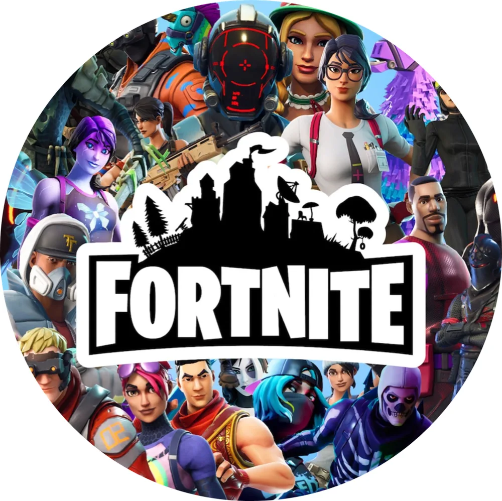 Fortnite – logo a zástup skinů – jedlý obrázek na dort – jedlý obrázek na dort