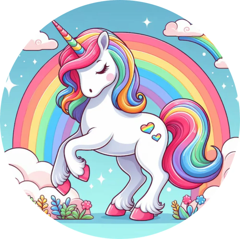 Jednorožec – Unicorn – tančící pod duhou – jedlý obrázek na dort – jedlý obrázek na dort