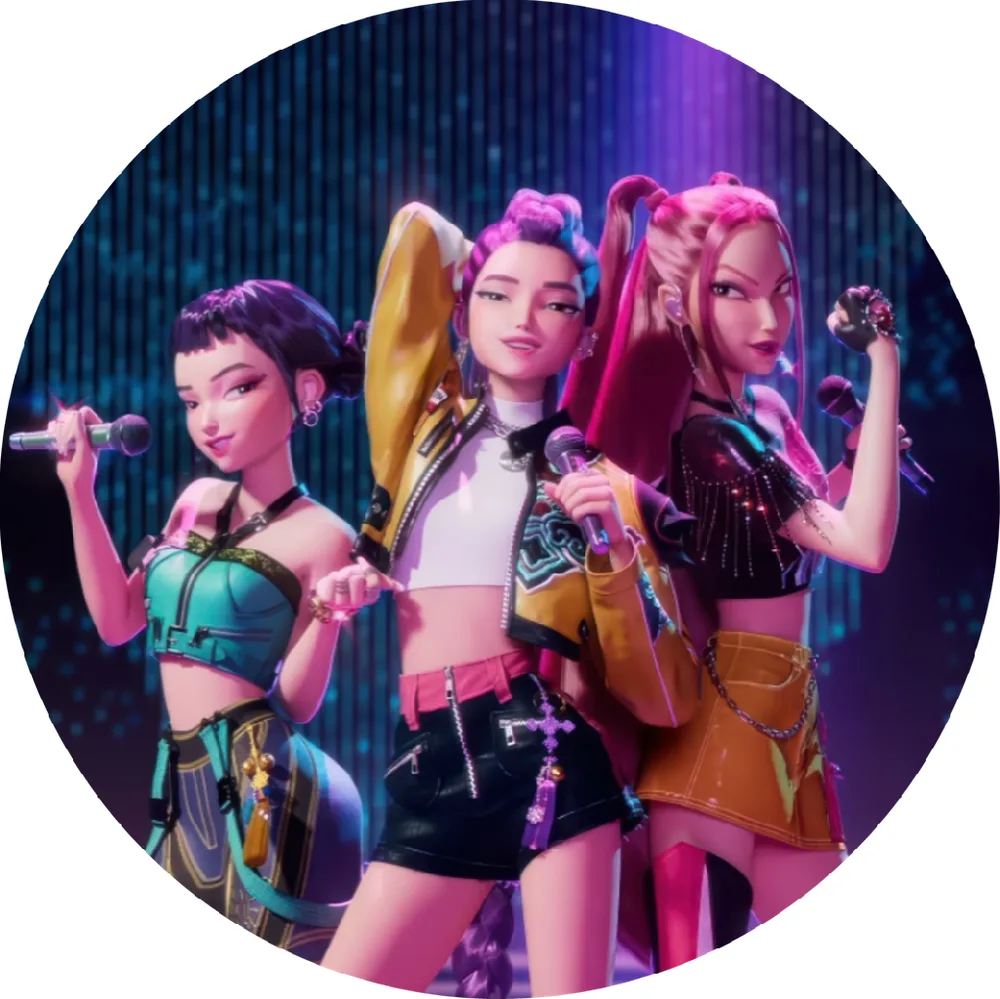 K Pop – Demon Hunters – Lovkyně Démonů – trio na pódiu – jedlý obrázek na dort – jedlý obrázek na dort