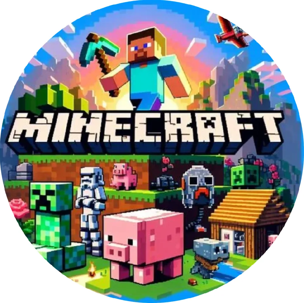Minecraft – barevné logo a vesnice – jedlý obrázek na dort – jedlý obrázek na dort