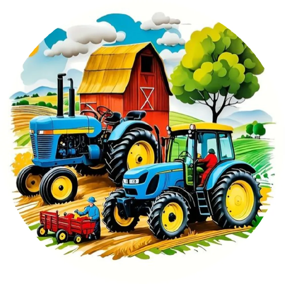 Traktor – Farma – kreslené u stodoly – jedlý obrázek na dort – jedlý obrázek na dort