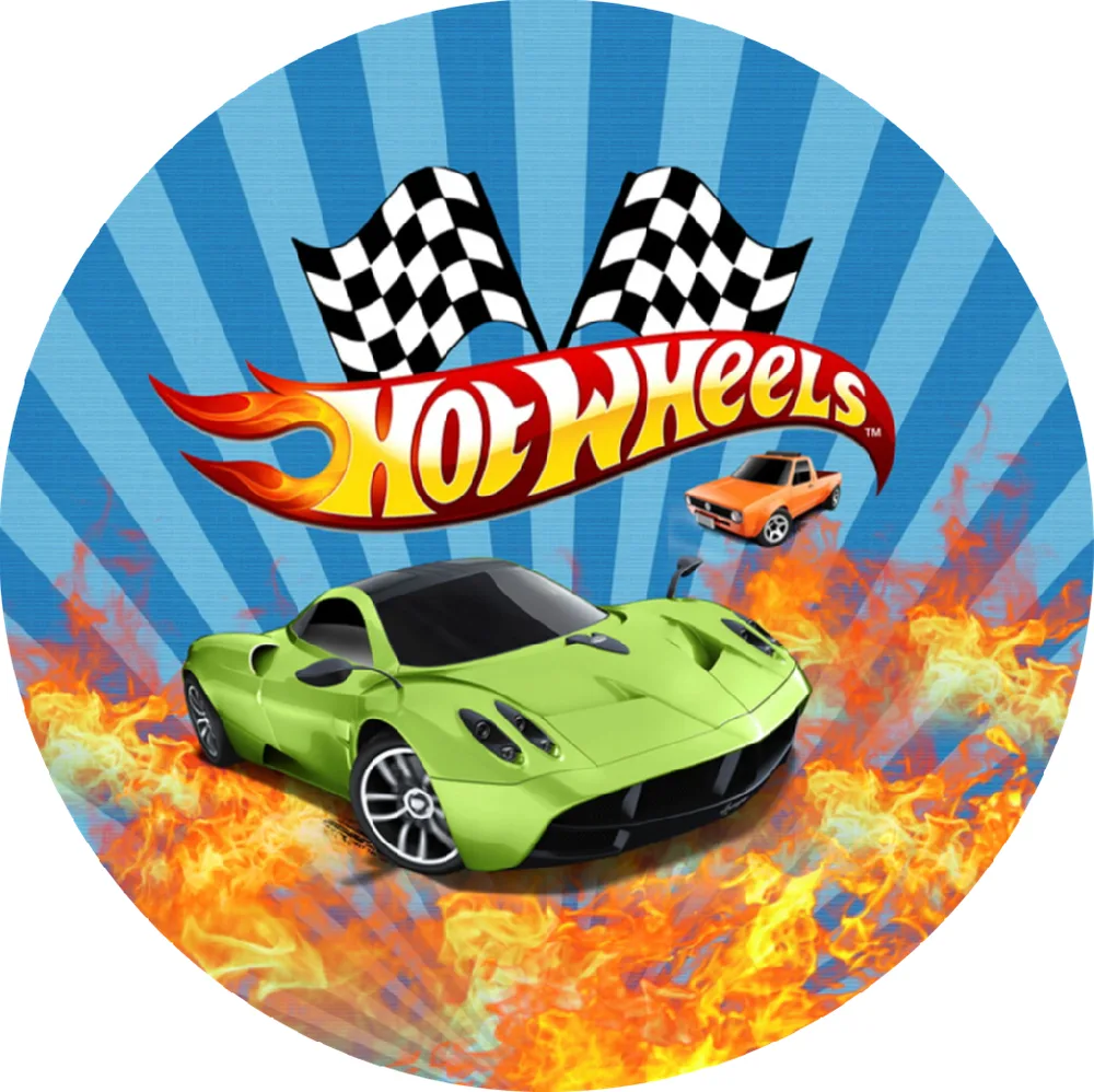 Hot Wheels – zelený vůz a vlajky – jedlý obrázek na dort – jedlý obrázek na dort