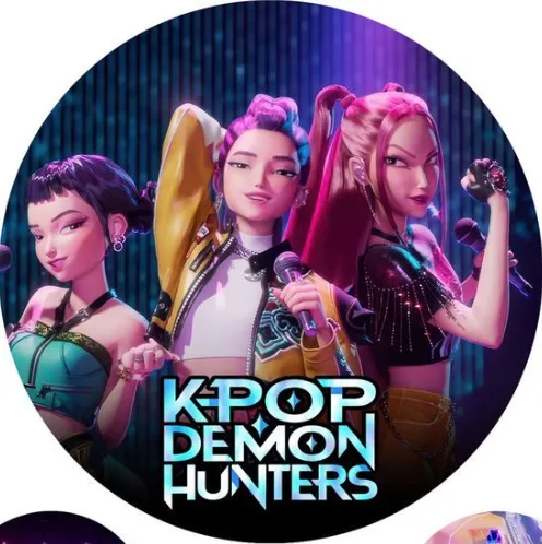 K Pop – Lovkyně Démonů – Hunterx – logo s trojicí zpěvaček – jedlý obrázek na dort – jedlý obrázek na dort