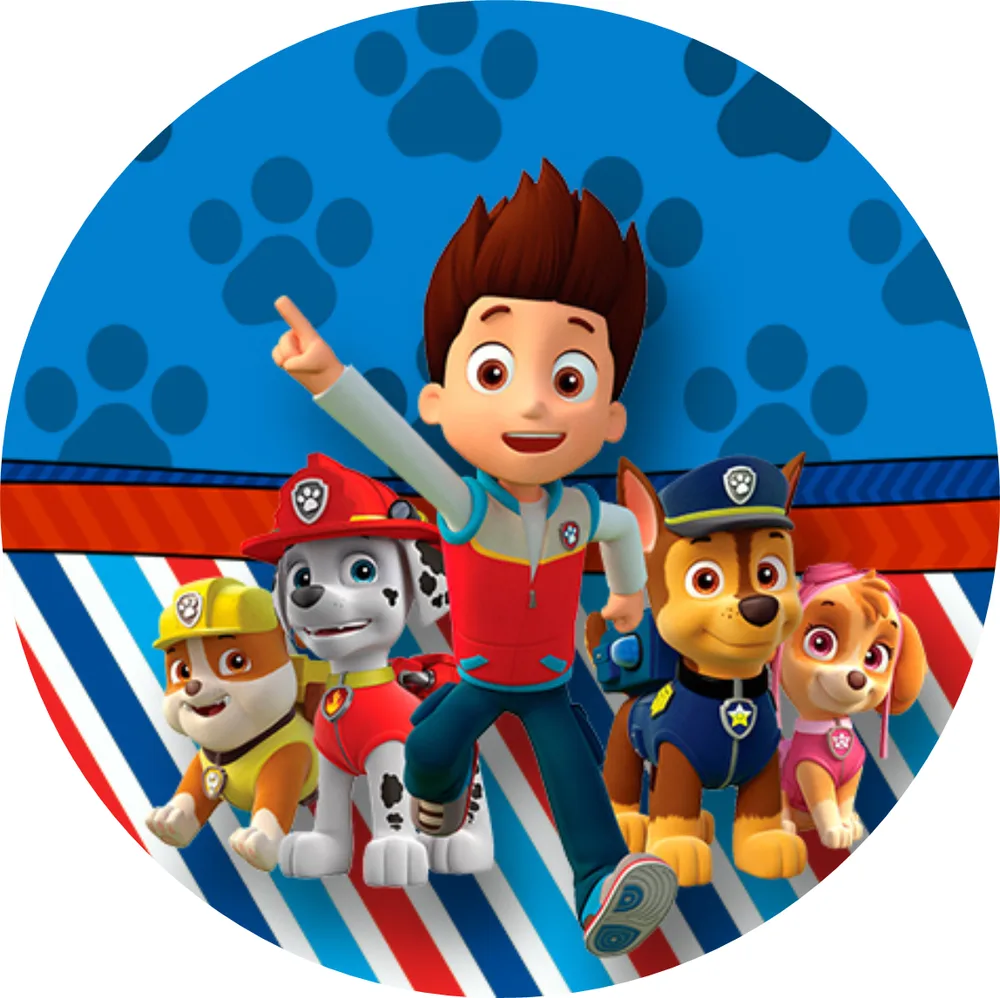 Paw Patrol – Ryder a parta v pruzích – jedlý obrázek na dort – jedlý obrázek na dort