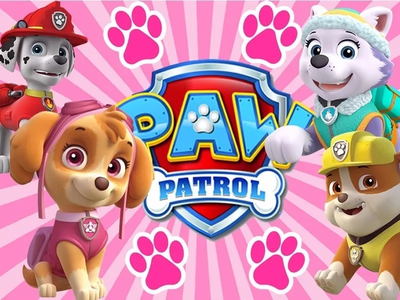 Paw Patrol aneb Tlapková patrola – Skye a logo na růžové – jedlý papír na hranatý dort – jedlý obrázek na dort