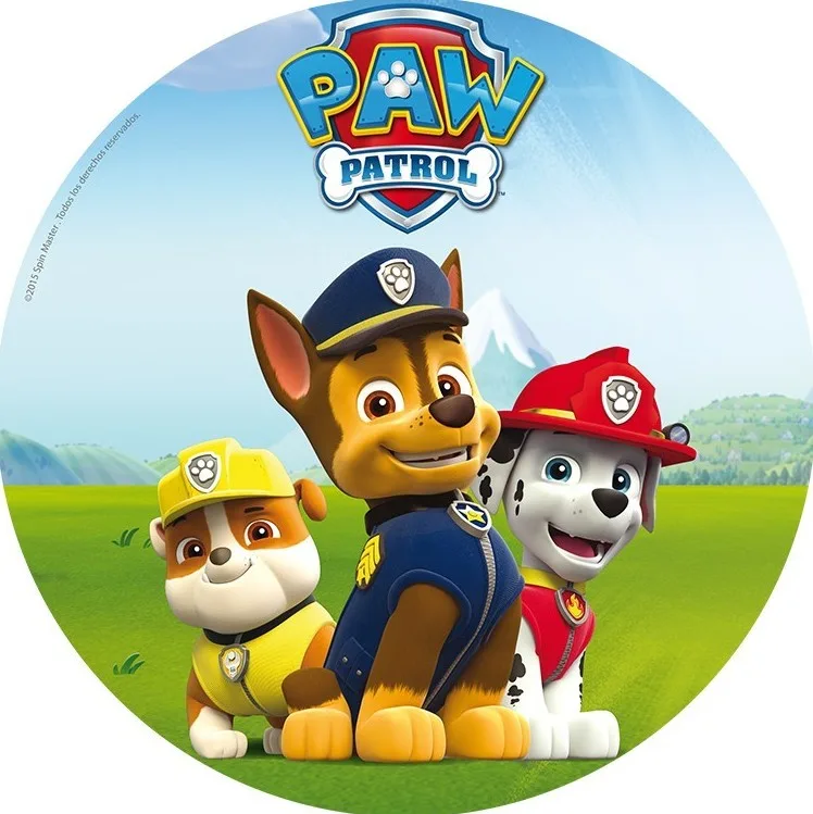 Paw Patrol aneb Tlapková patrola – Chase, Rubble a Marshall na louce – jedlý obrázek na dort – jedlý obrázek na dort