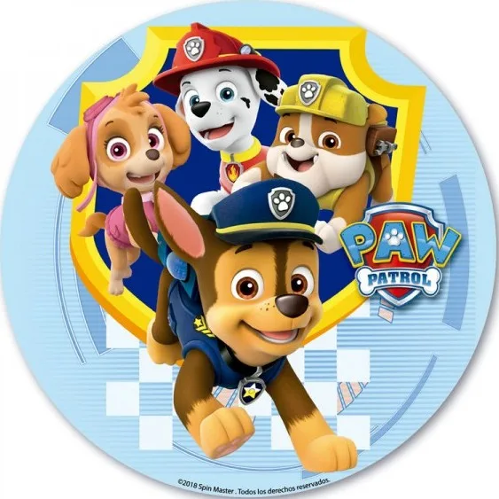 Paw Patrol – parta na modrém štítu – jedlý obrázek na dort – jedlý obrázek na dort