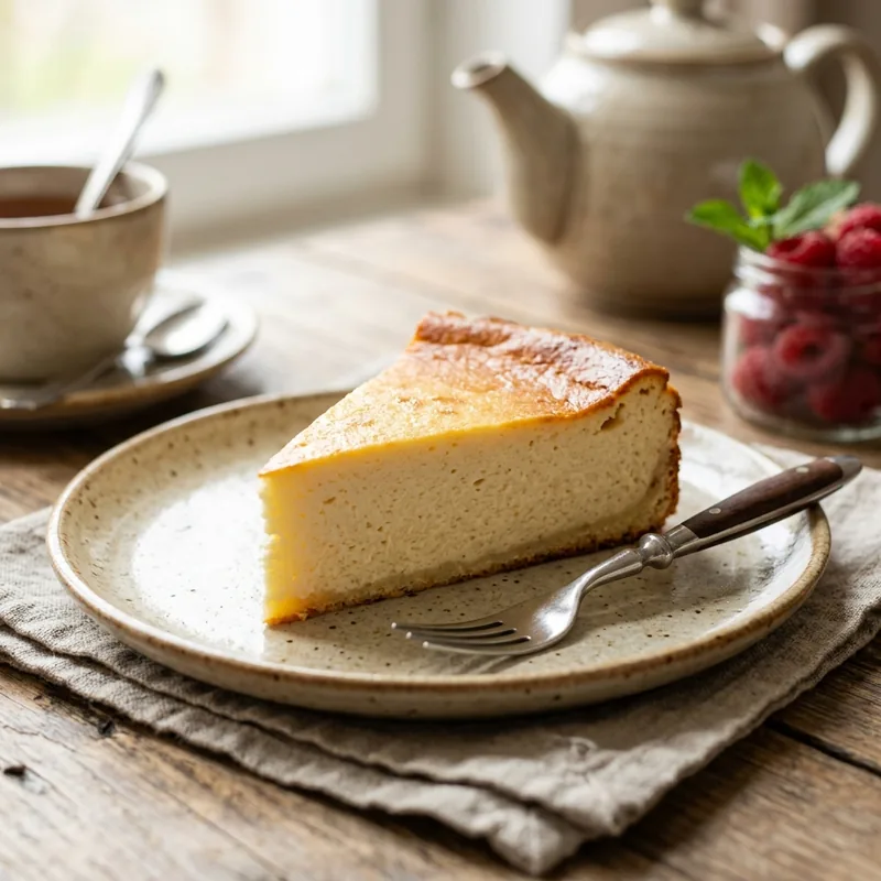 Řez pečeným tvarohovým cheesecakem bez korpusu