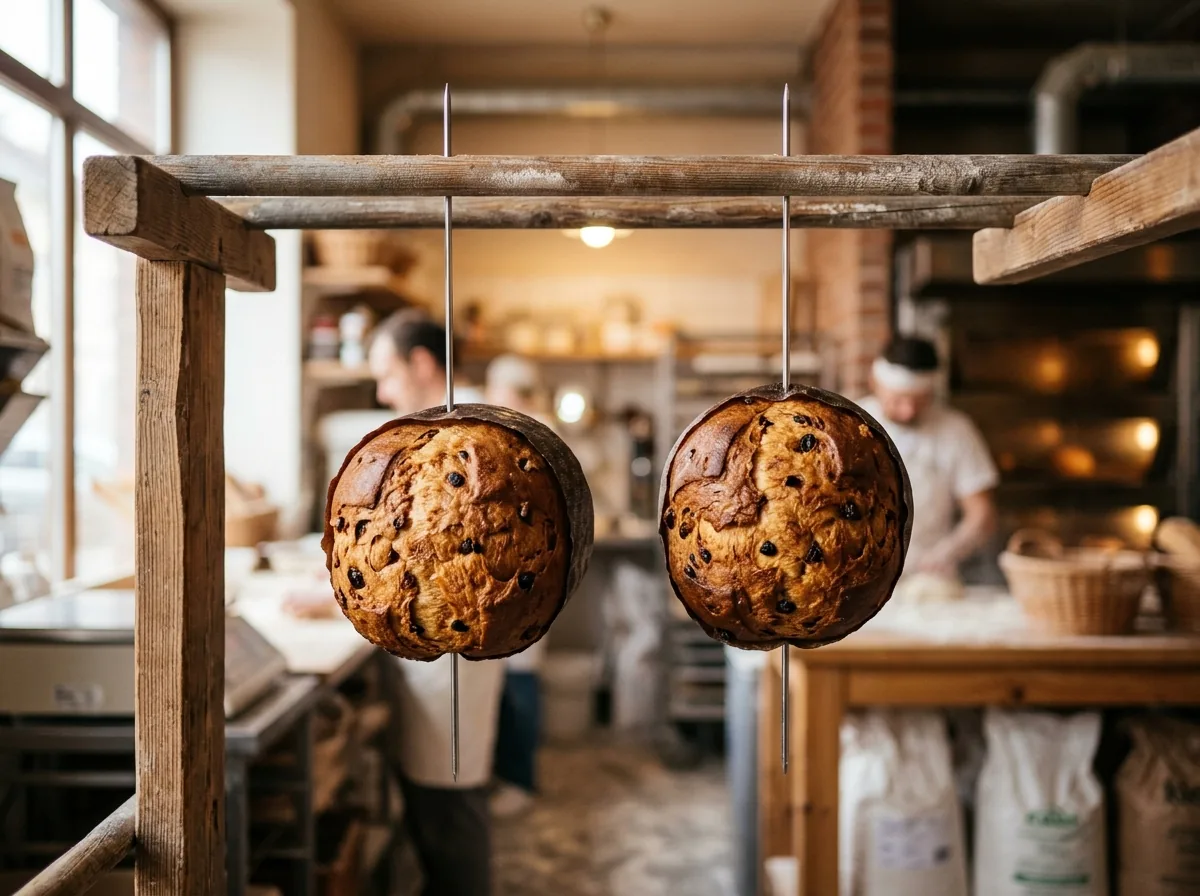 Panettone chladící se zavěšené dnem vzhůru na kovových jehlách