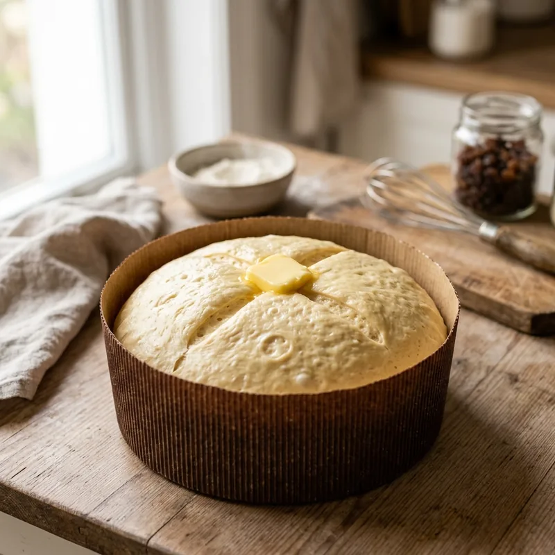 Vykynuté těsto v papírové formě na panettone s křížovým nářezem a máslem