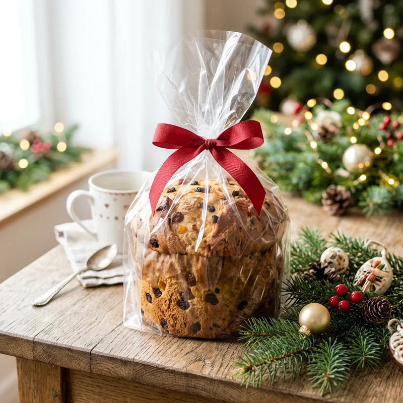 Vánoční panettone zabalené v dárkovém celofánovém sáčku s červenou stuhou