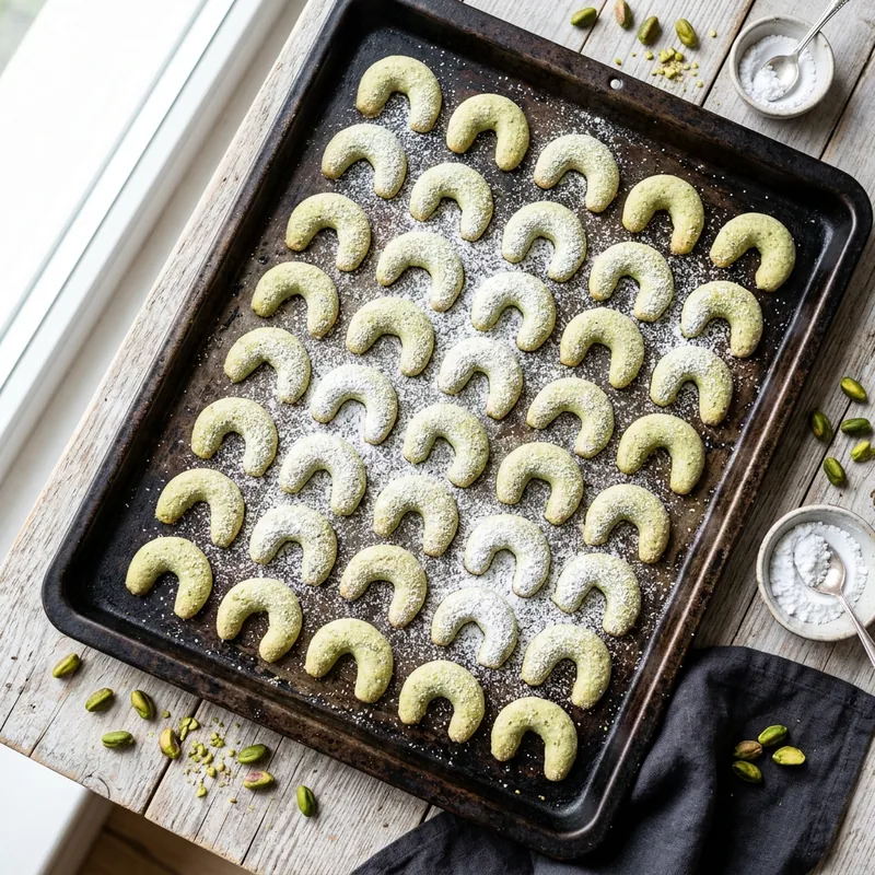 Křehké pistáciové rohlíčky posypané moučkovým cukrem na plechu