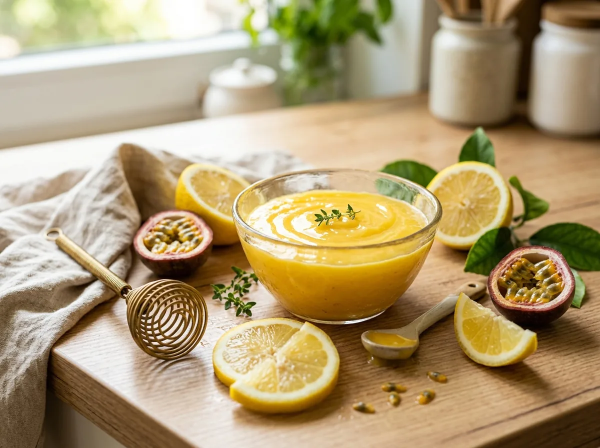 Hustý žlutý lemon curd v misce s čerstvými citrony a maracujou