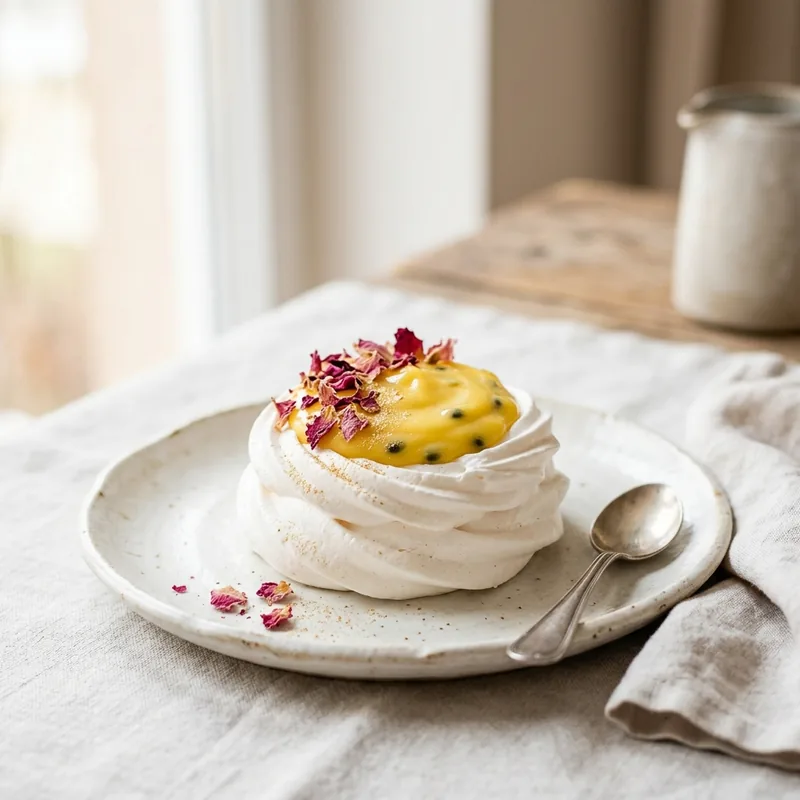 Mini pavlova s maracujovým krémem zdobená sušenými květy a zlatem