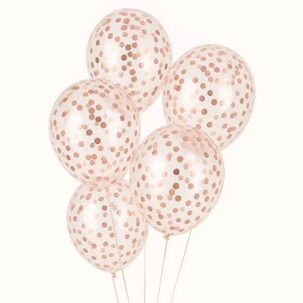 Průhledné balónky s konfetami rose gold 30 cm, 5 ks – Party Deco