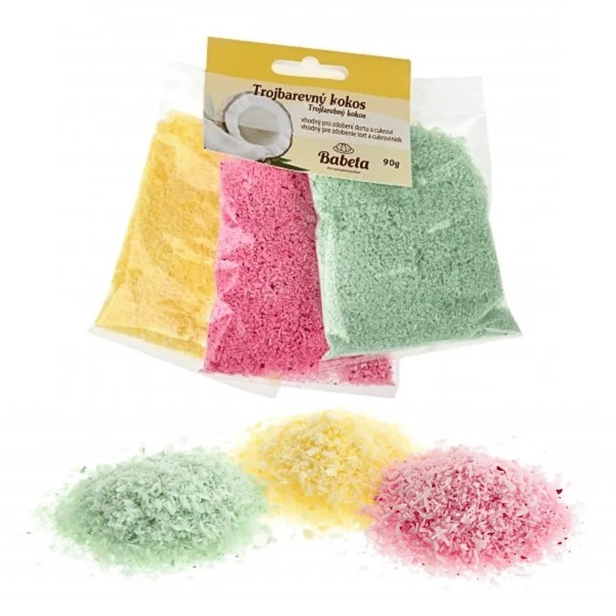 Barevný kokos strouhaný (růžový, žlutý, zelený) 90 g – Kovandovi