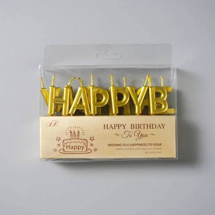 Svíčky na dort Happy Birthday zlaté nápis, 13 ks
