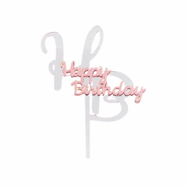 Zápich do dortu Happy Birthday stříbrno-růžový 13,5 cm