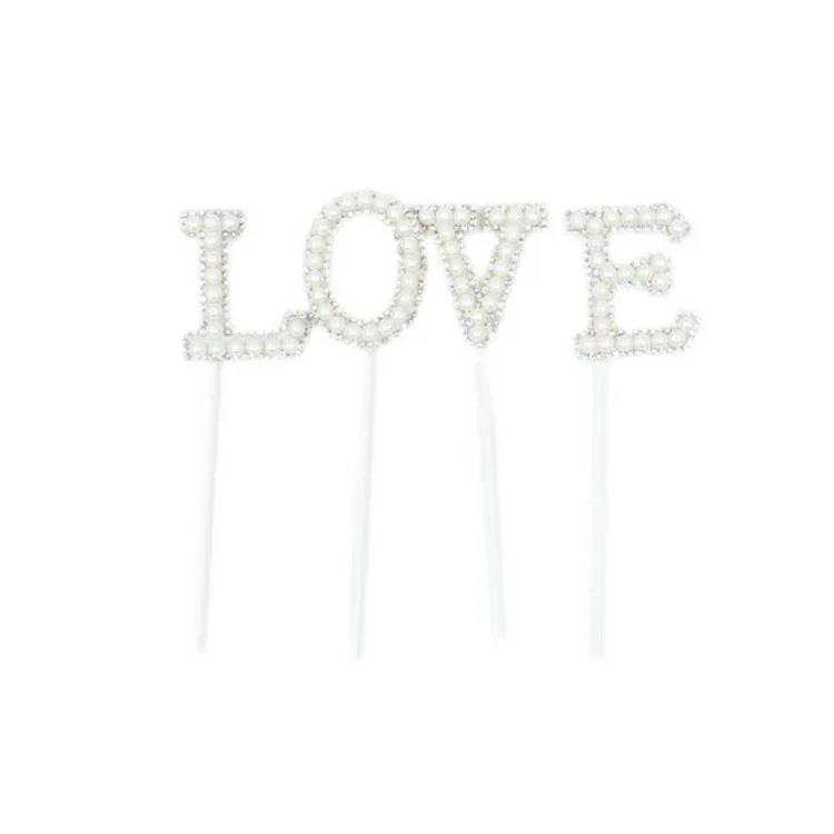 Zápich do dortu bílý s perlami LOVE 12,5 cm (4 ks)
