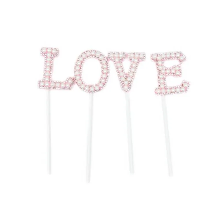 Zápich do dortu růžový s perlami LOVE, 12,5 cm (4 ks)