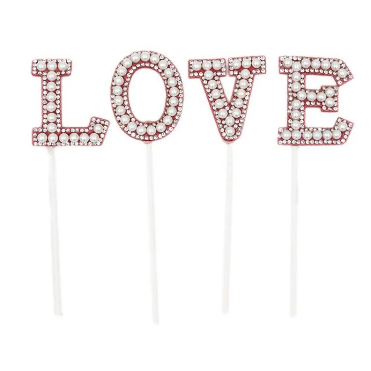 Zápich do dortu LOVE červený s perlami 12,5 cm (4 ks)