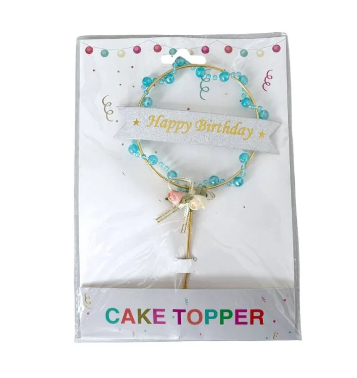 Zápich do dortu zlatý Happy Birthday s modrými korálky 20,5 cm