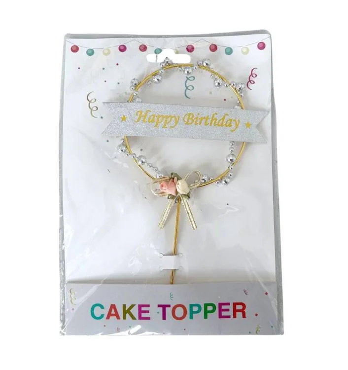 Zápich do dortu zlatý Happy Birthday se stříbrnými korálky, výška 20,5 cm