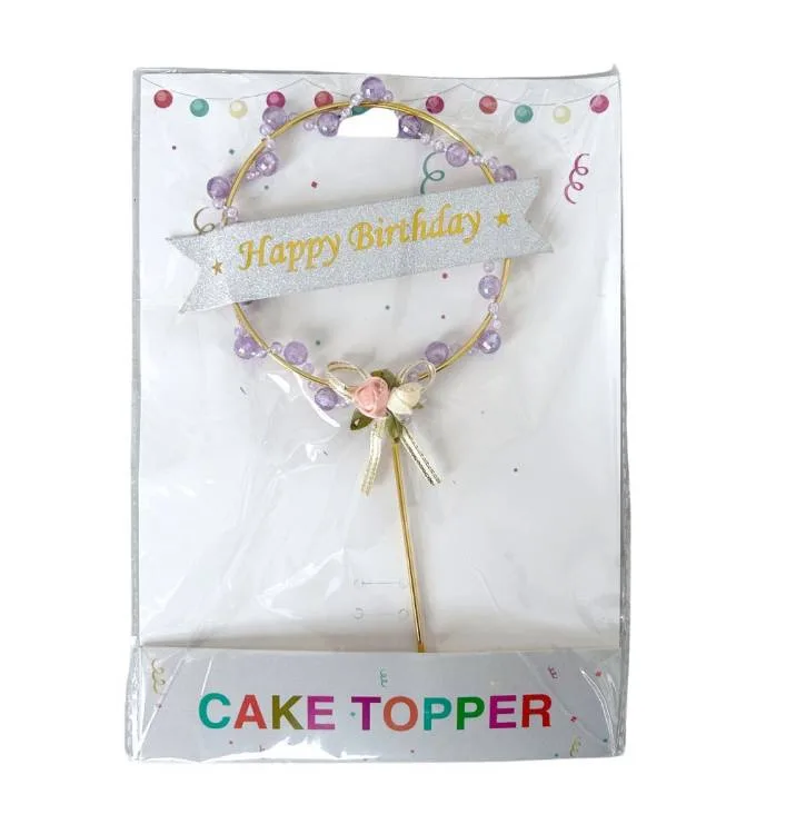 Zápich do dortu Happy Birthday zlatý s fialovými korálky 20,5 cm