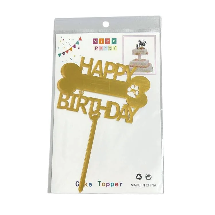 Zápich do dortu Happy Birthday s kostí a tlapkami zlatý 15 cm