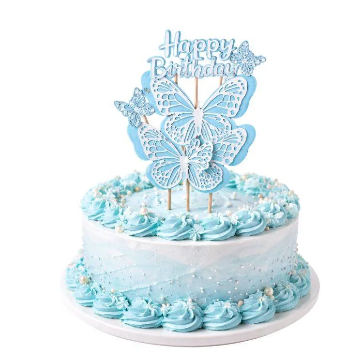 Zápich do dortu Happy Birthday s motýly modrý, 4 ks