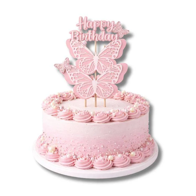 Zápich do dortu Happy Birthday s motýly růžový (4 ks)