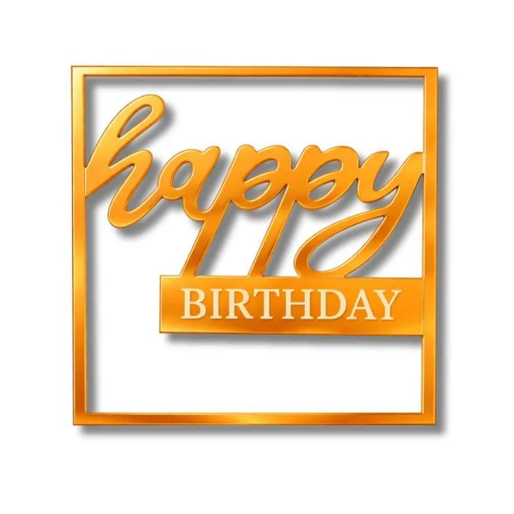 Plastová dekorace na dort Happy Birthday ve čtverci oranžová 10,2 x 11,4 cm