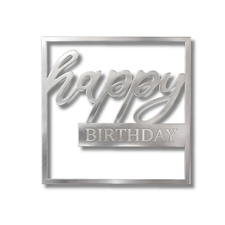 Plastová dekorace na dort Happy Birthday ve čtverci stříbrná, 10,2 x 11,4 cm