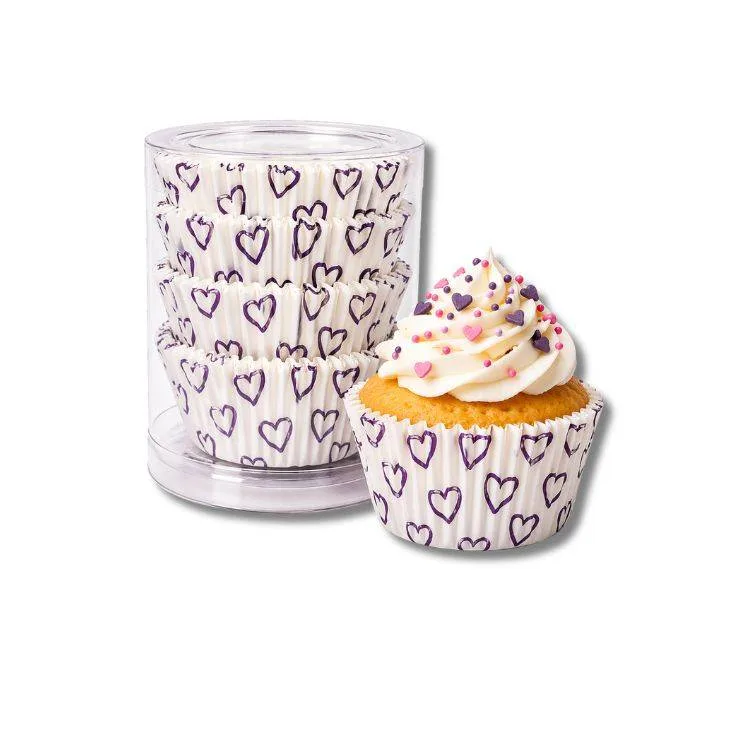 Košíčky na mini muffiny s fialovými srdíčky 3,5 × 2,2 cm, 100 ks