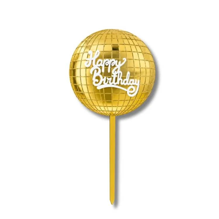 Plastový zápich do dortu diskokoule Happy Birthday zlatý 16 cm