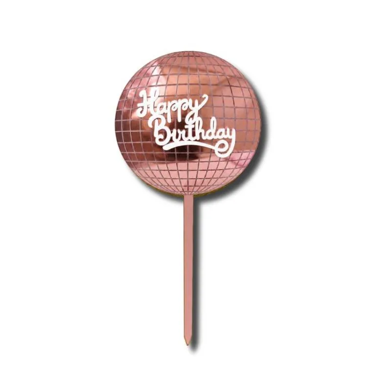 Plastový zápich do dortu diskokoule Happy Birthday růžový 16 cm