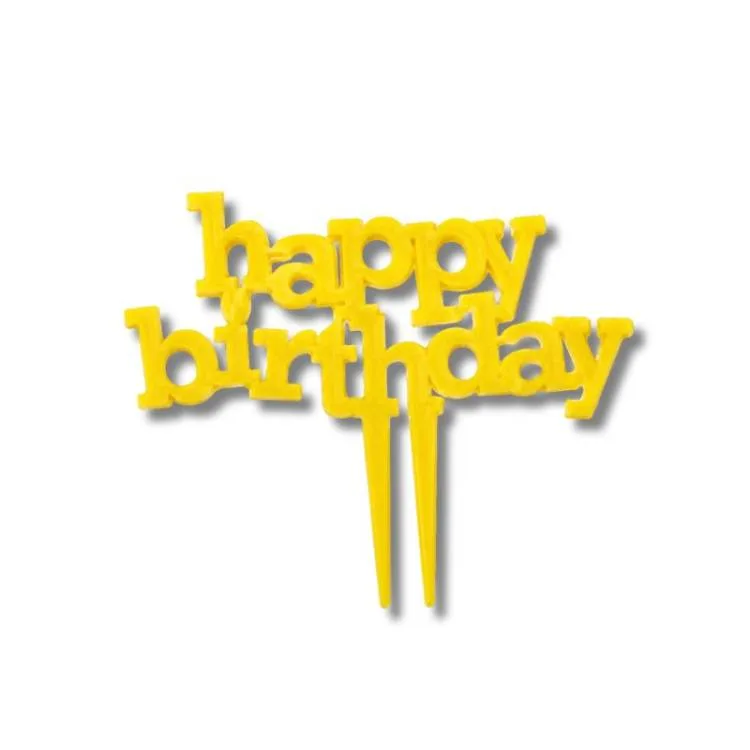 Plastový zápich do dortu Happy Birthday žlutý s hvězdičkami 11,3 × 8,5 cm