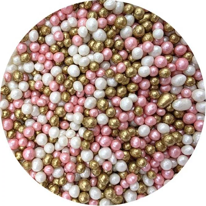 Cukrovo-rýžové perly růžovo-bílo-zlaté 5 mm 80 g – I love Cakes