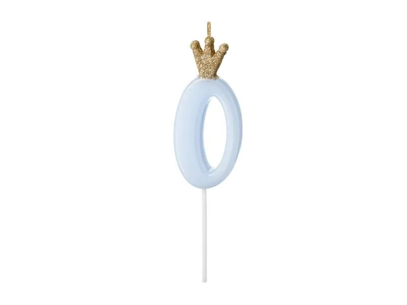 Dortová svíčka s korunkou číslo 0 modrá 9,5 cm – PartyDeco