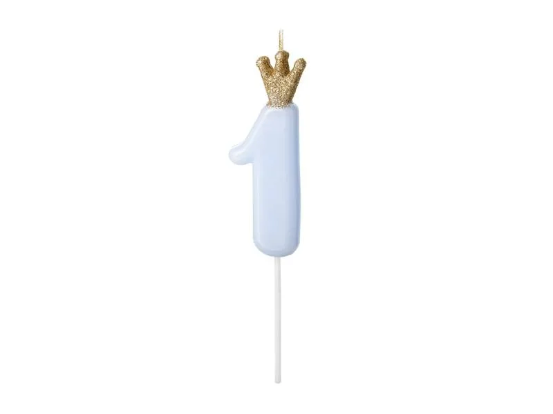 Dortová svíčka číslo 1 modrá s korunkou 9,5 cm – PartyDeco