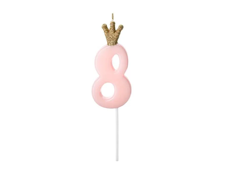Dortová svíčka s korunkou číslo 8 růžová 9,5 cm – PartyDeco