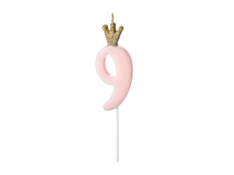 Dortová svíčka číslo 9 růžová s korunkou 9,5 cm – PartyDeco
