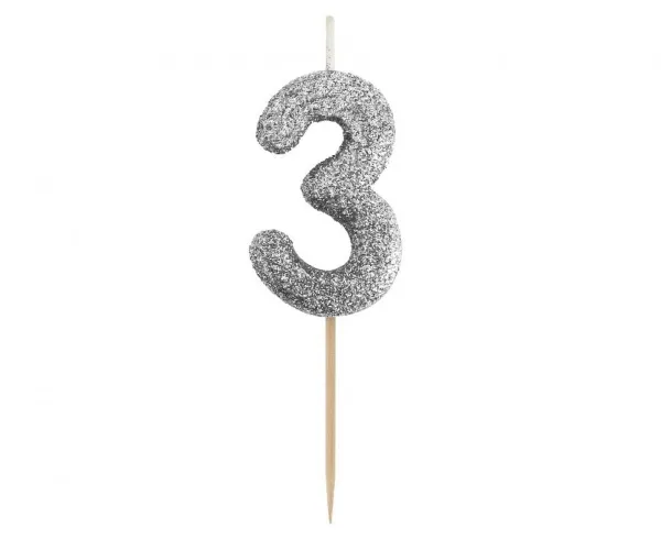 Dortová svíčka číslo 3 třpytivá černo-stříbrná, 11 × 3,5 cm – Godan